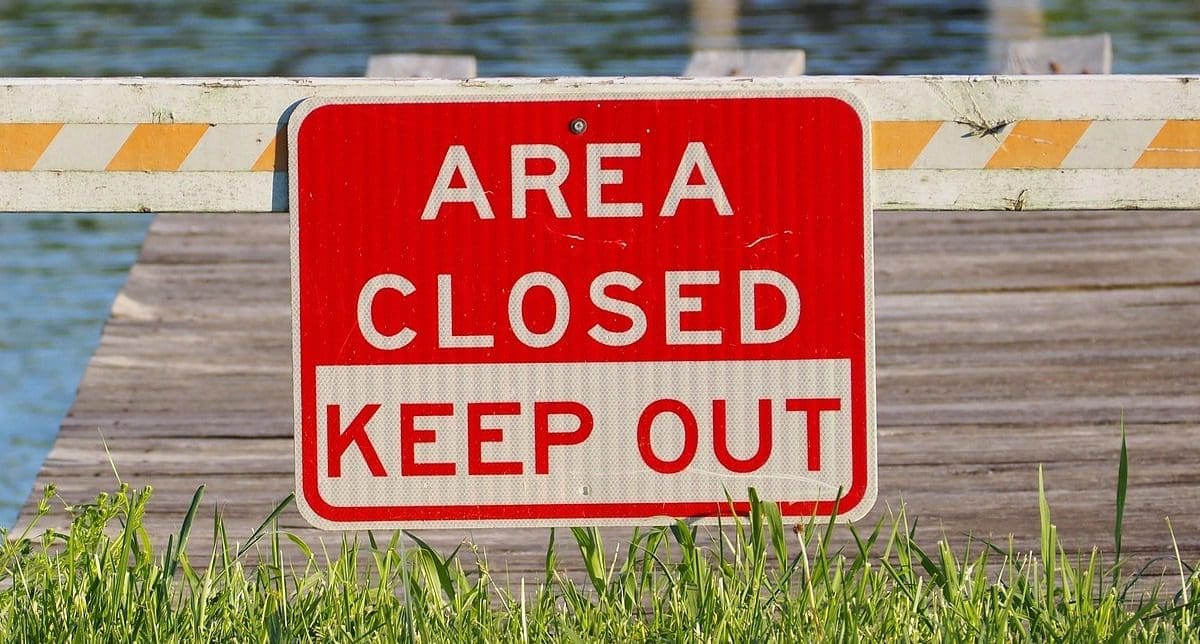 A sign that reads “Area closed. Keep out.” A sign that reads “Area closed. Keep out.”